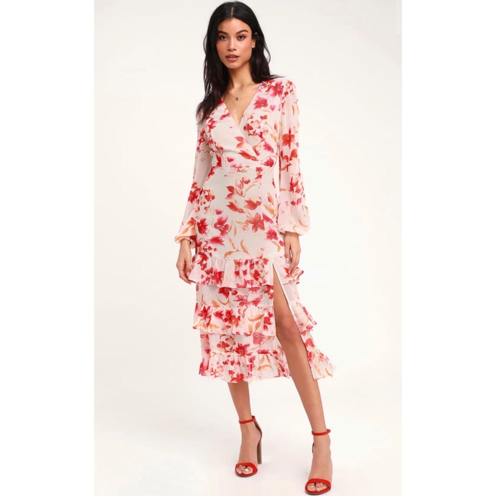 Cream and red floral print midi dress